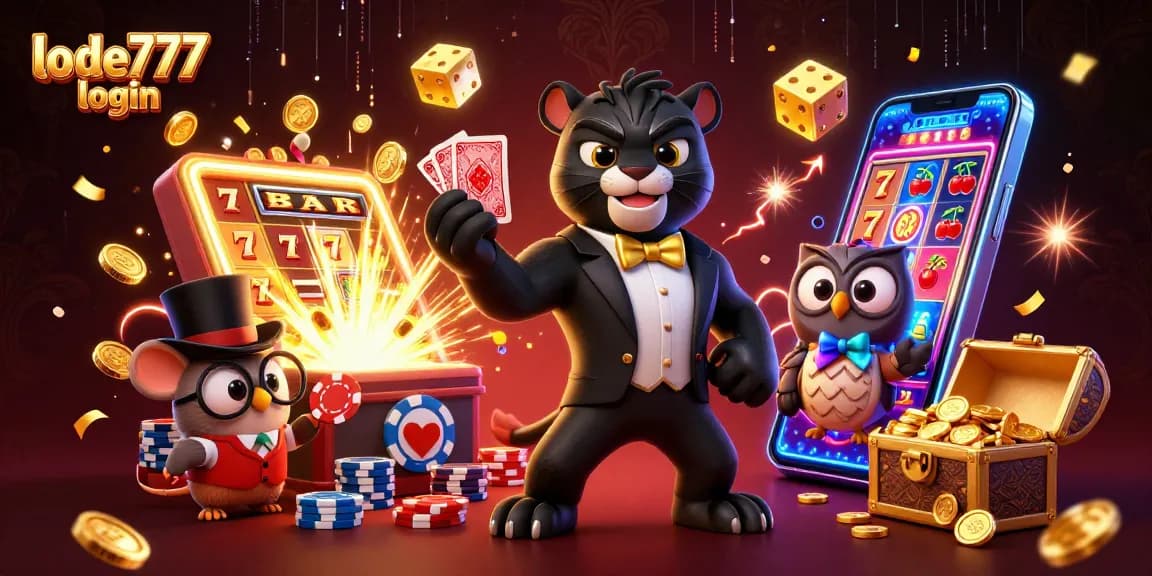 Play exciting slots at lode777 login with a lively scene of a tuxedo-clad panther and casino elements.