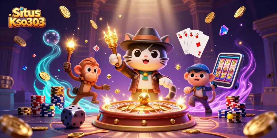 Menangkan permainan di Situs Kso303 dengan slot dan karakter menarik dalam ilustrasi kasino 3D.