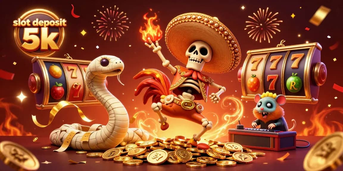 Experience the thrill of slot deposit 5k with a festive scene of winning characters, lively slot reels, and vibrant colors.
