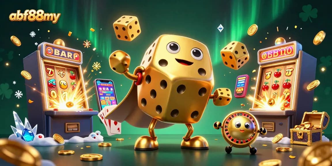 Join the excitement of gambling with afb88my's lively depiction of a vibrant casino scene featuring golden dice and jackpot explosions.