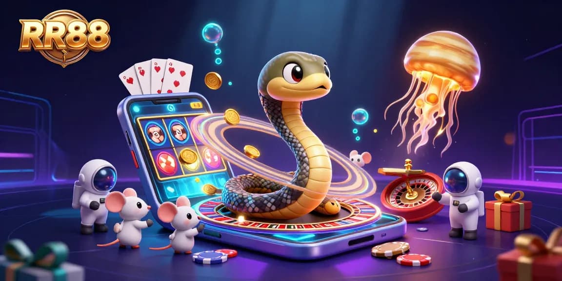 RR88 players engage in cosmic gaming with roulette-inspired Saturn and astronaut mice betting enthusiastically amidst vibrant casino elements.