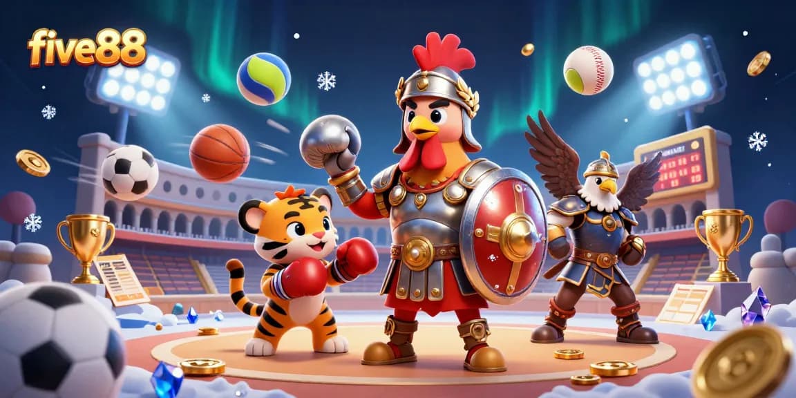Witness thrilling action with five88 as a cartoon rooster and tiger cub prepare for battle in a rich casino arena.