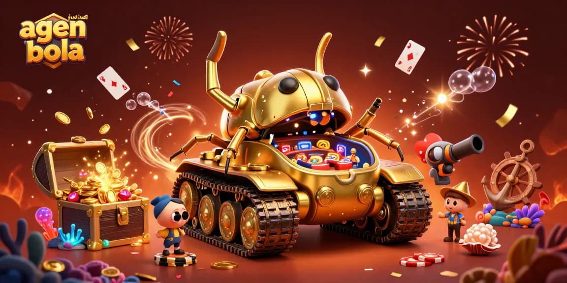 Engage with the exciting world of agen judi bola featuring a golden beetle casino tank, confetti, and treasure!