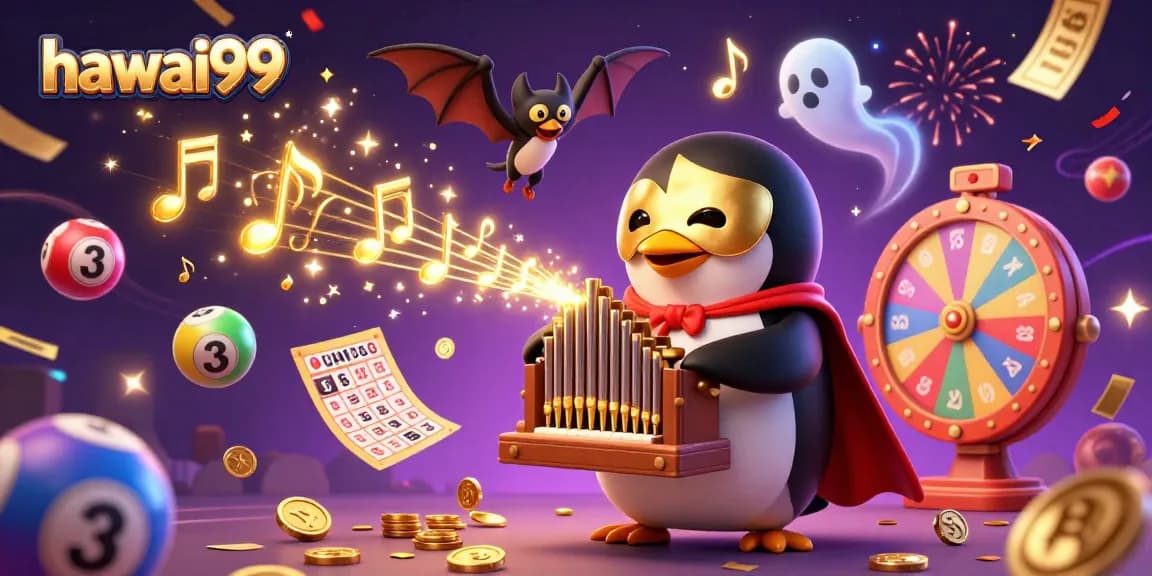 Engage with hawai99's vibrant gaming scene featuring a playful penguin and dynamic lottery elements.