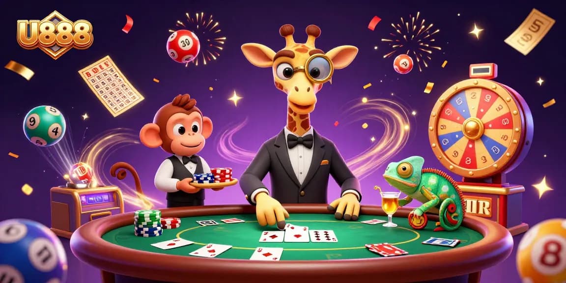 U888 showcases a high-roller giraffe at a poker table with vibrant casino elements.