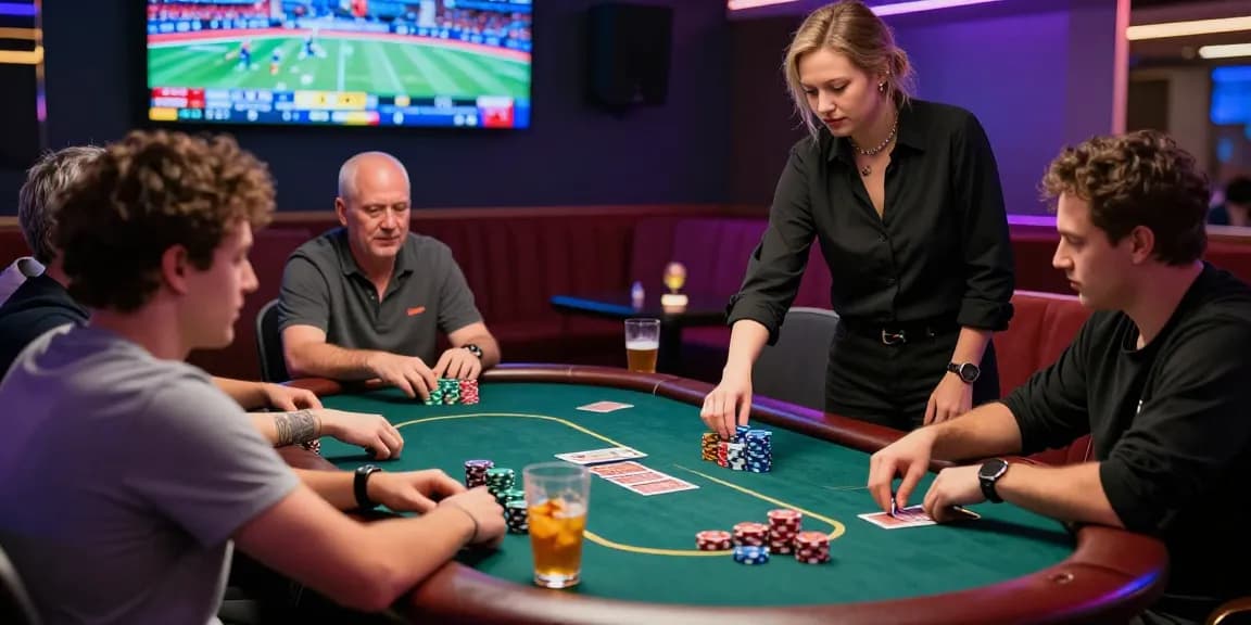 bandarbola855 casino gaming scene with players at a poker table enjoying an exciting atmosphere