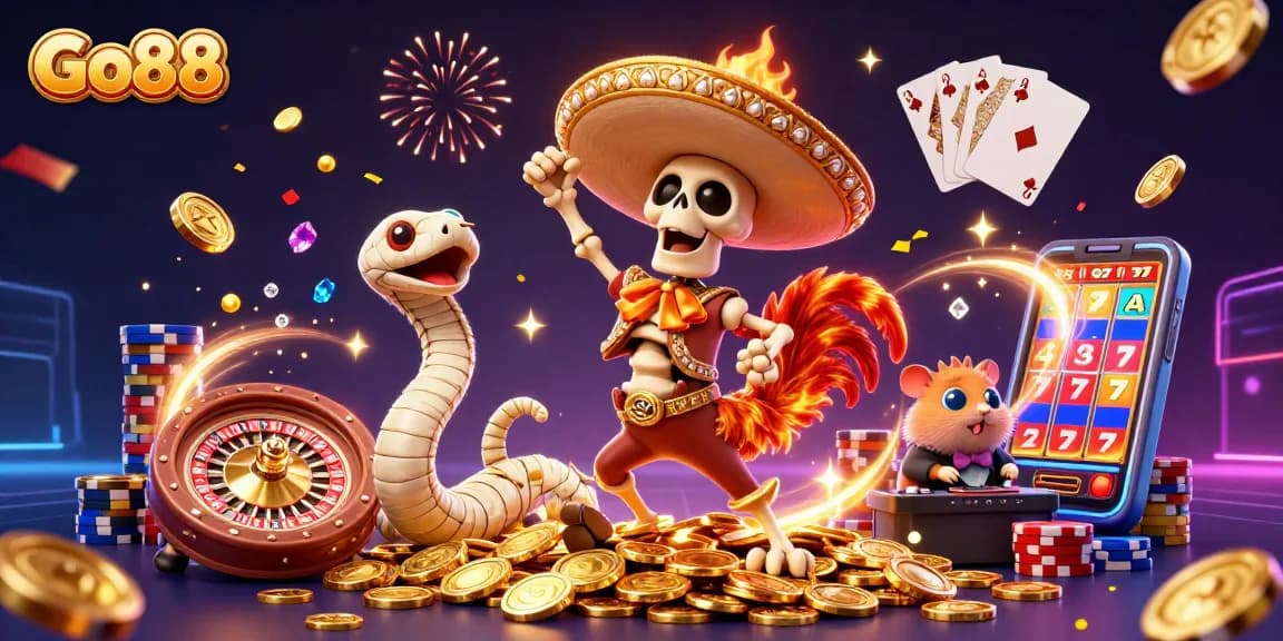 Go88 casino offers a vibrant scene featuring a mariachi rooster and a DJ hamster celebrating on golden coins.