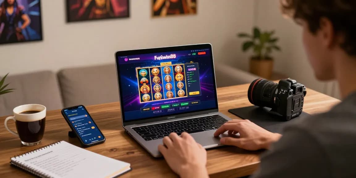Pengalaman bermain slot di fujiwin88 dengan laptop, smartphone, dan catatan strategi di meja kerja yang nyaman.