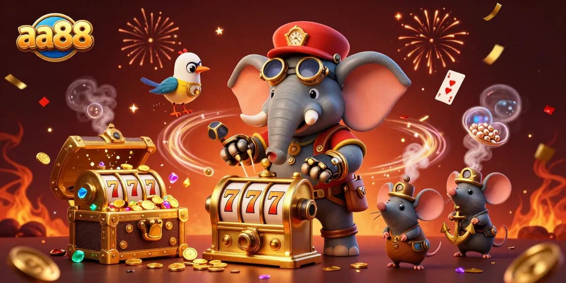 Engage with exciting slot action at aa88, as a steampunk elephant spins a golden slot machine.