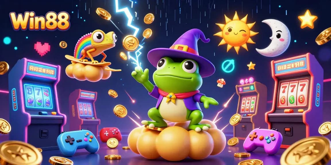 Win88 showcases a magical casino scene with a weather wizard frog and vibrant game elements.