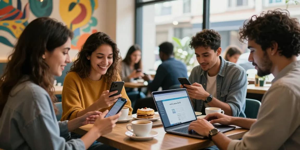 Engaging scene of young adults using شات الخليج for socializing in a vibrant café setting.