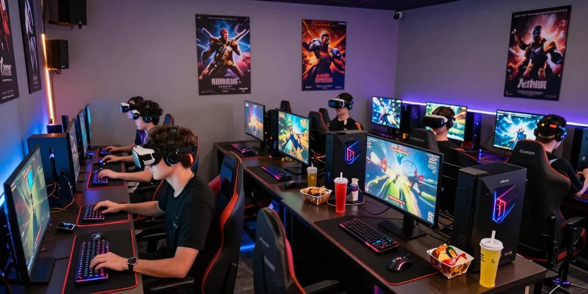 Pemain terjun4D terlibat dalam permainan dalam suasana gaming dinamis dengan peralatan modern.