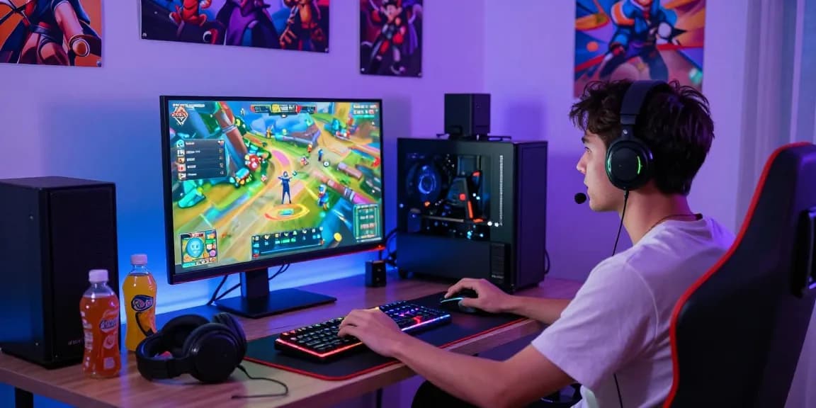 Engaging gamer immersed in 99ab-game gameplay with vibrant setup and gaming gear.