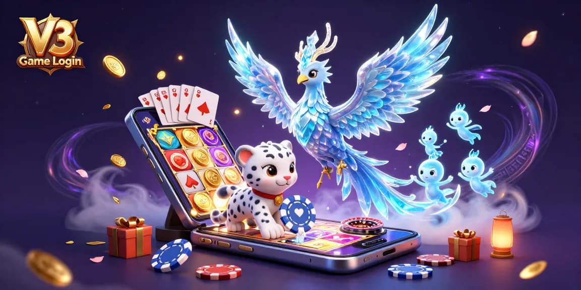 Experience secure access with V3 Game Login featuring vibrant gaming elements and playful characters.