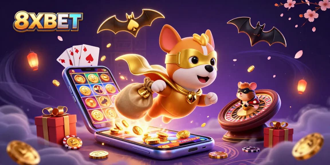 Experience the excitement of 8XBET with a superhero dog and hamster amid thrilling gaming elements.