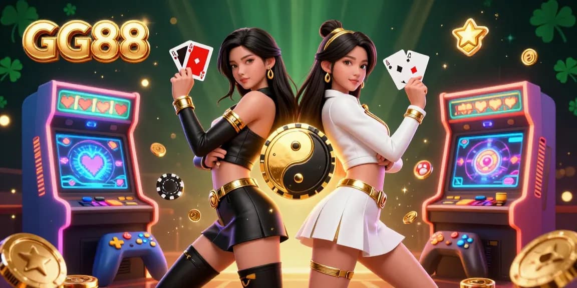 Experience the thrill at GG88 with stunning twin Asian women showcasing casino gameplay, red and black playing cards.