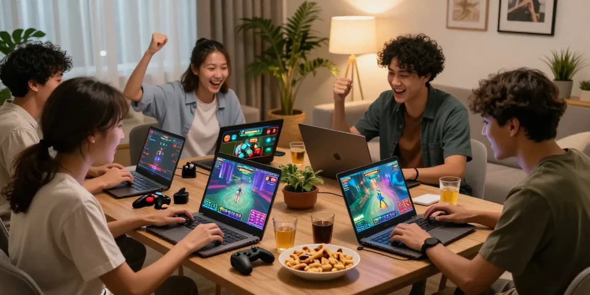 Engaged players enjoying pajaktoto games in a vibrant living room with snacks and drinks.