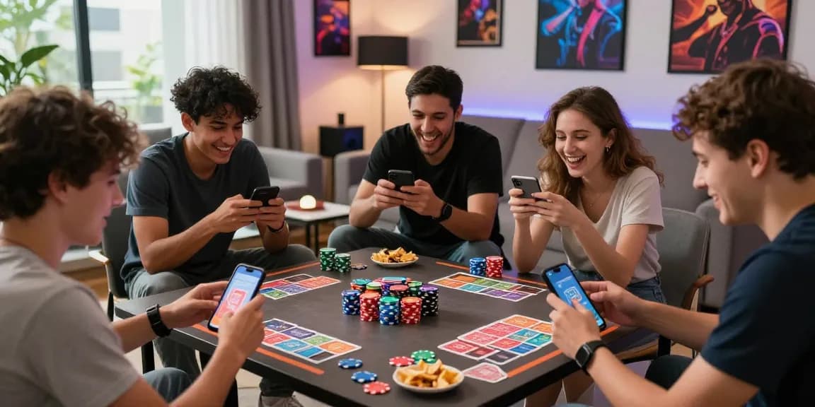 Engaging scene of friends playing Easy earn game with Card Rummy APK on smartphones, surrounded by colorful game chips and snacks.