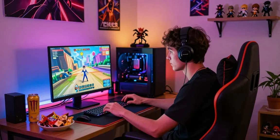 Engaging scene of a gamer playing hentai games on a laptop in a cozy room.