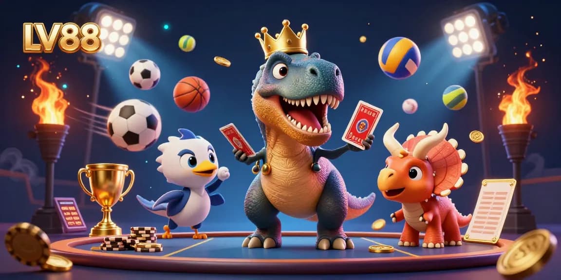 LV88 features a T-Rex shuffling cards with sports balls, creating a dynamic gaming atmosphere.