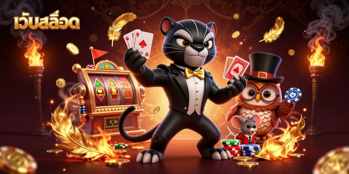 Spin the เว็บสล็อต reels with a stylish panther dealer, owl, and lucky mouse showcasing excitement.