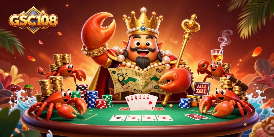 Experience the thrilling excitement of GSC108 with an emperor crab leading a vibrant poker scene.