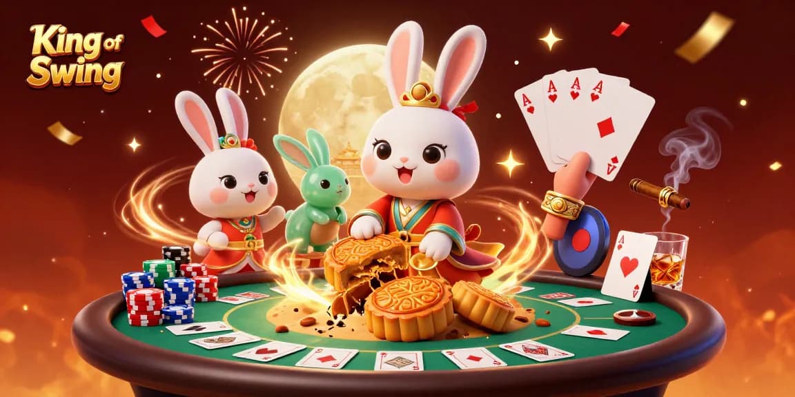 King of Swing showcases a lively scene with a cartoon rabbit and poker elements, highlighting casino excitement.