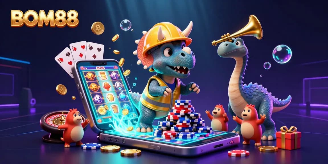 BOM88 illustrates a vibrant scene with a triceratops building poker chips, celebrating the dynamic online gaming world.