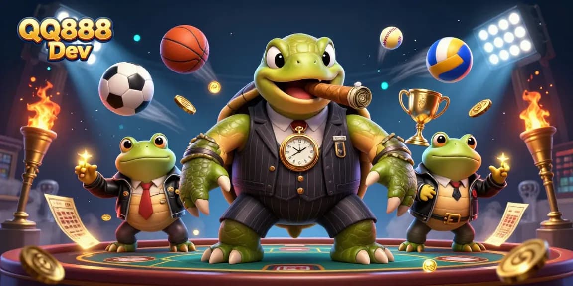 Win big with QQ888 Dev's dynamic gaming scene featuring a massive turtle and sports elements.
