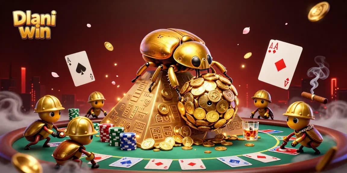 Dhani win boosts excitement with golden beetles rolling coins in a vibrant casino scene.