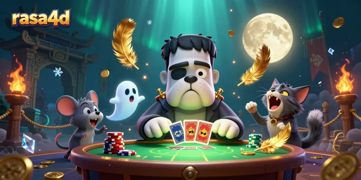 Menghadirkan rasa4d dengan monster bulldog Frankenstein di meja judi menyeramkan yang dikelilingi koin emas dan efek dramatis.