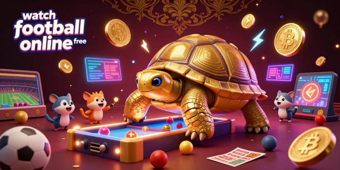 Watch football online free with a vibrant illustration featuring a tortoise pinball machine amidst football and crypto elements.