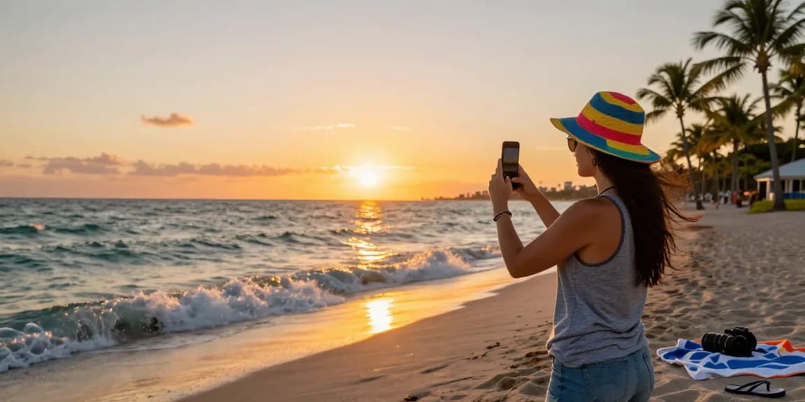 Pengunjung di pantai Miami menikmati matahari terbenam sambil merekam momen indah di https://miami4d.com/ dengan suasana tropis yang menenangkan.
