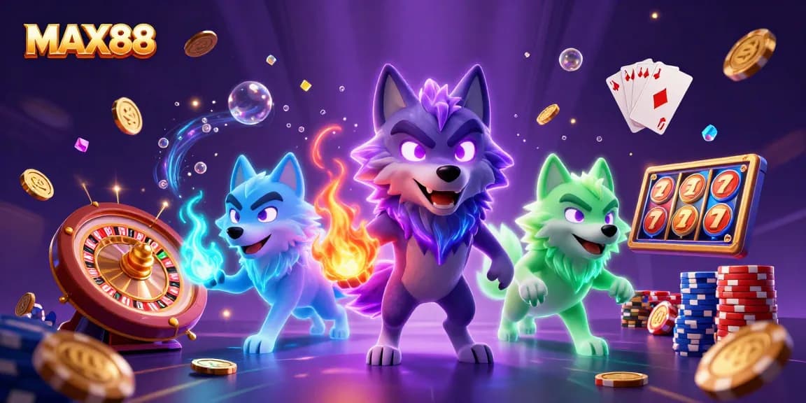 MAX88 showcases animated characters in a dynamic casino slots scene with rich visual effects.