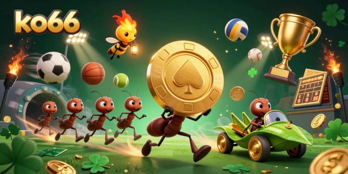 Experience the excitement of ko66 with cartoon ants on a heist, dynamic sports elements, and thrilling casino visuals.