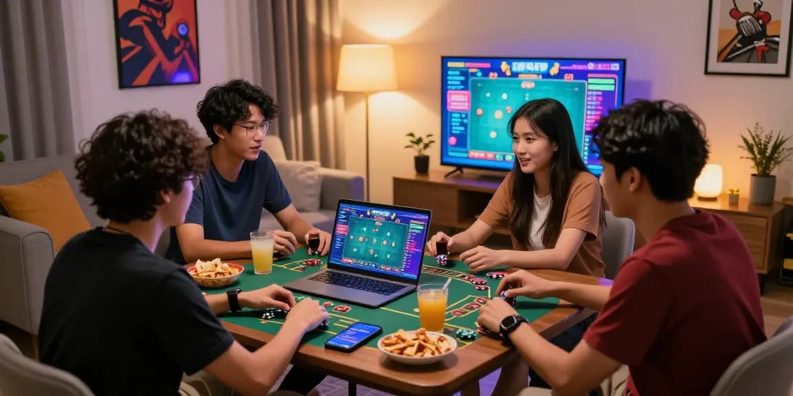 Exciting online gaming experience featuring fun88thaimeth with friends enjoying baccarat in a cozy living room.