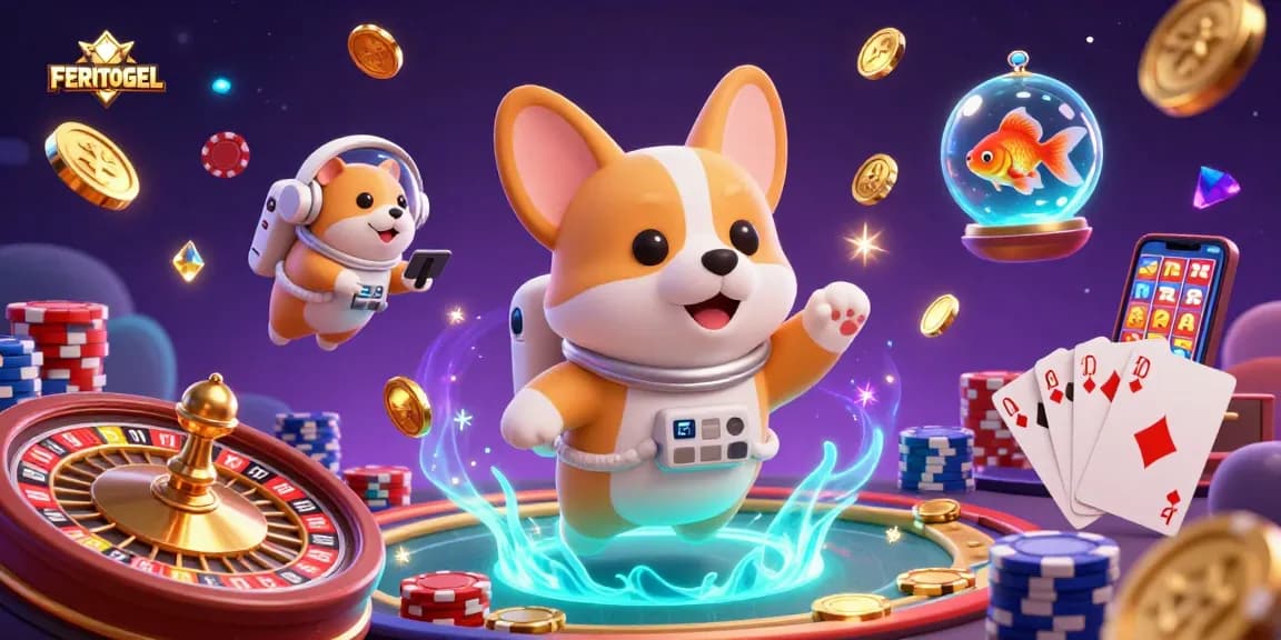 Play online games with FERITOGEL, features unique gambling elements like floating coins and cosmic designs.