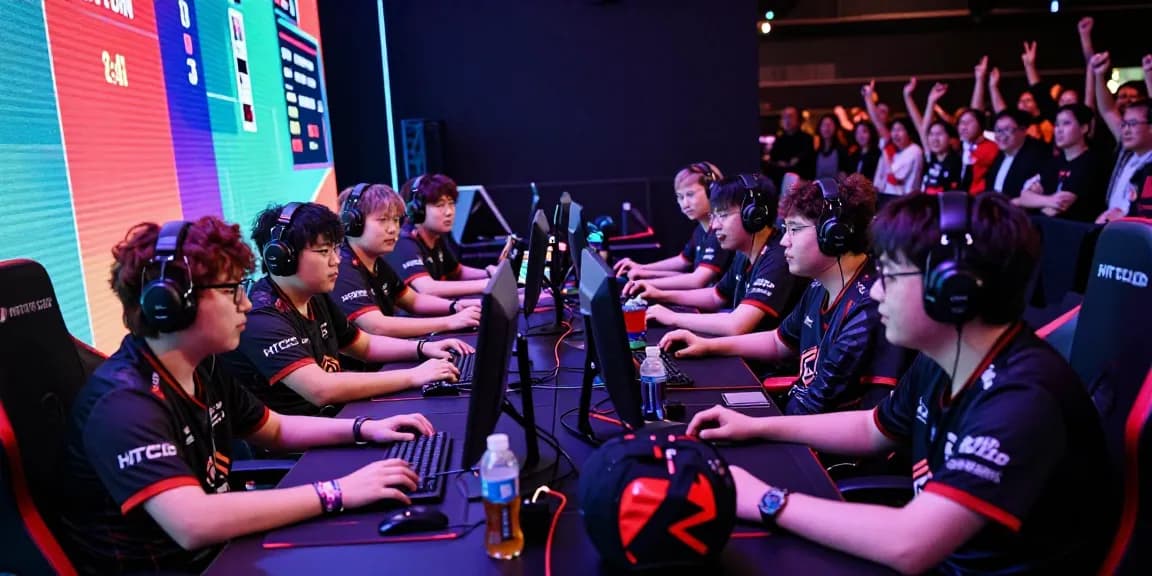 Exciting esports team strategizing in vibrant hitclub arena with colorful lights.