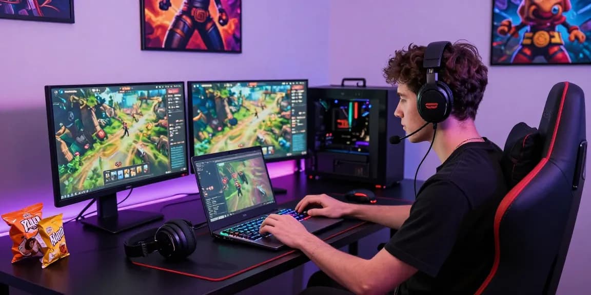 Raja Game login setup featuring a gamer at a stylish desk with vibrant lighting and gaming accessories.