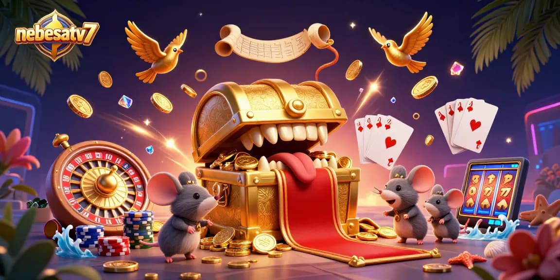 Experience the thrill of nebesatv7 with a treasure chest and golden coins flying around in a vibrant casino illustration.
