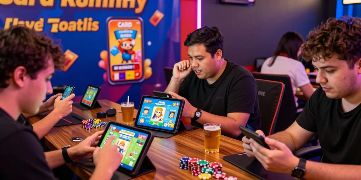 Players enjoying the Card Rummy app in a vibrant gaming lounge, highlighting excitement and competitive atmosphere.