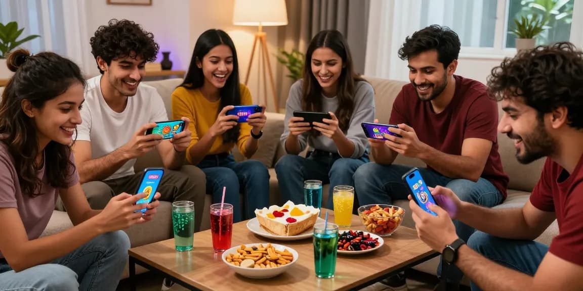 Players enjoying 3 patti loot pakistan app in a lively living room setting.