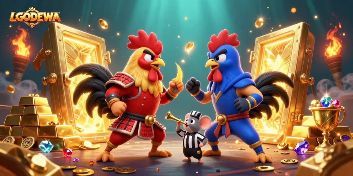 Engage with LGODEWA's thrilling gameplay featuring dynamic fighting roosters and golden treasures.