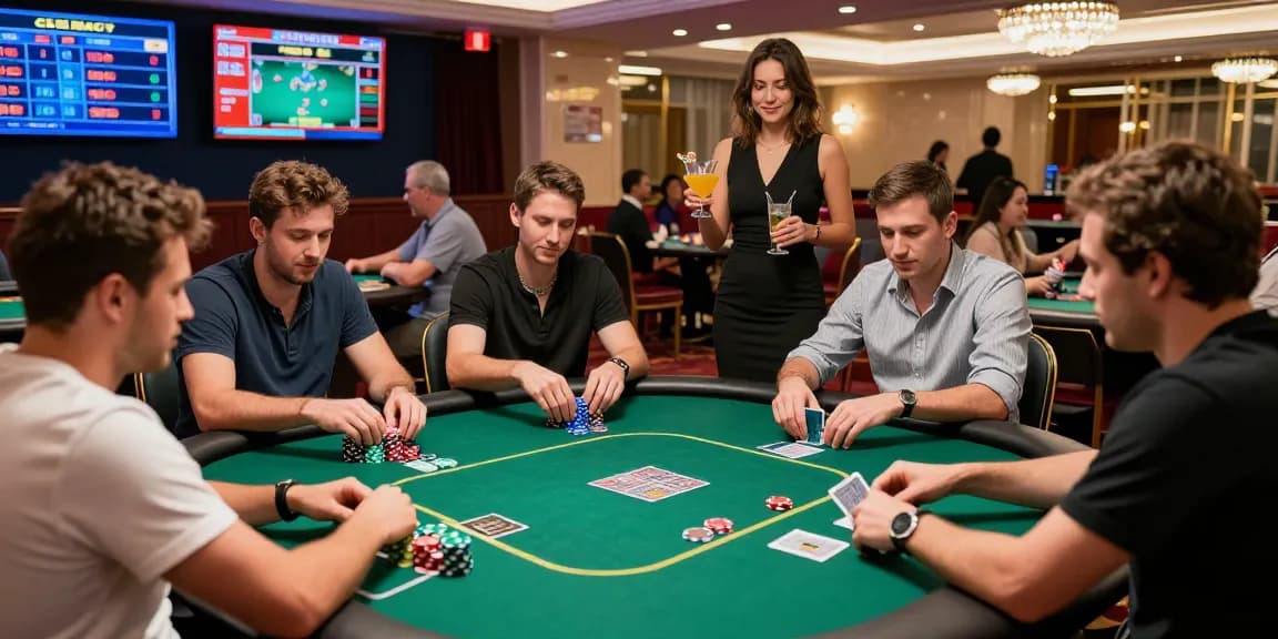 Permainan poker boswin88 di kasino mewah, suasana penuh semangat dengan pemain dan chip warna-warni.