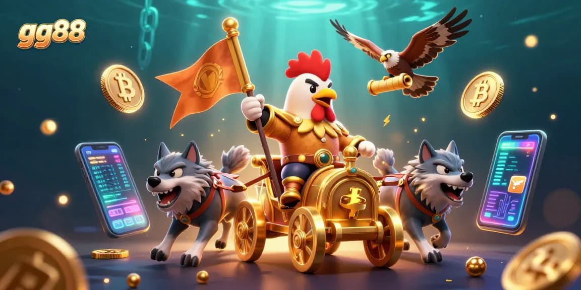 Engage with gg88's thrilling gaming experience through a lively scene showcasing a rooster warlord and dynamic elements.