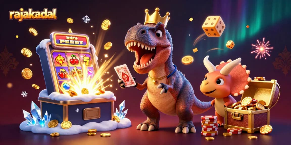 Permainan judi slot di rajakadal dengan dinosaurus lucu, mesin slot, dan tumpukan chip emas.