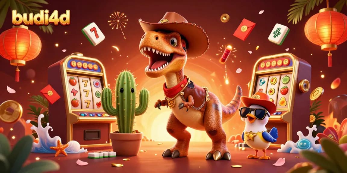 Budi4d brings excitement with a T-Rex cowboy and slot machines amid vibrant casino elements.