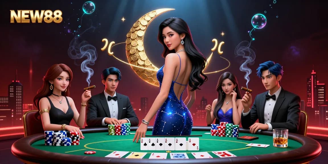 Experience the excitement of NEW88 poker with stacked chips and winning hands in this vibrant illustration.