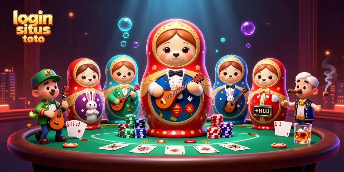 Experience secure login situs toto with our vibrant casino-themed 3D illustration packed with characters and game elements.