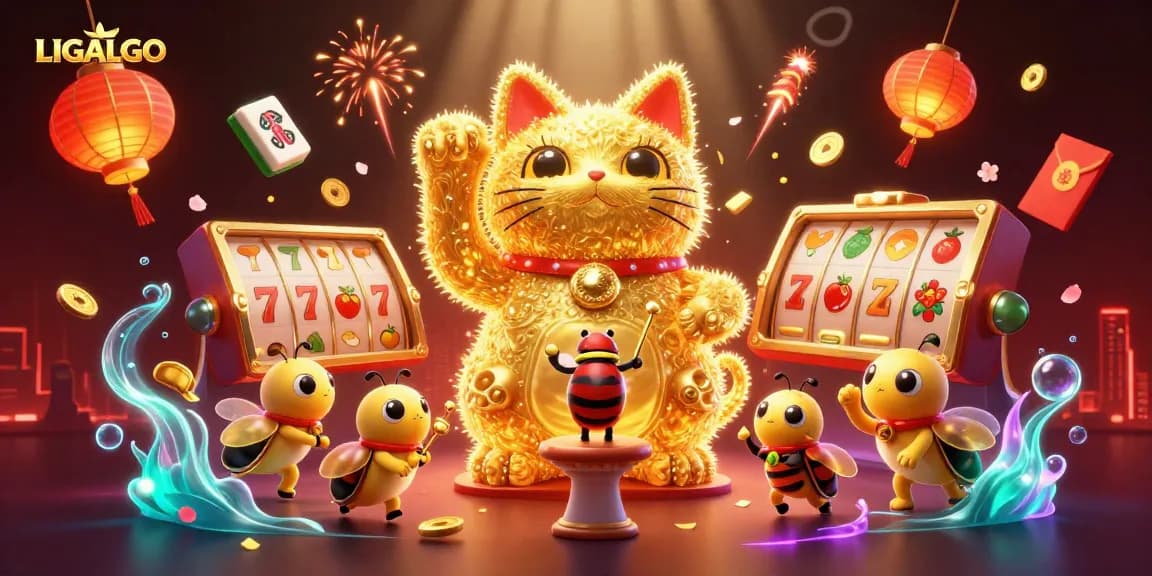 LIGALGO showcases a vibrant lucky cat symbolizing prosperity in a dynamic casino scene.